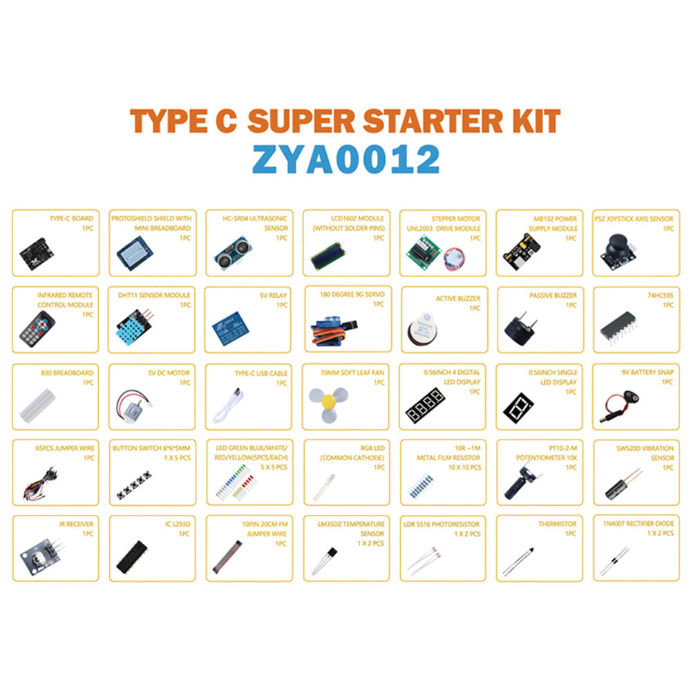 Tscinbuny ZYA0012 Starter Kit – Basic DIY Electronics Project Set with Sensors & Step-by-Step PDF Tutorial for Arduino Programming