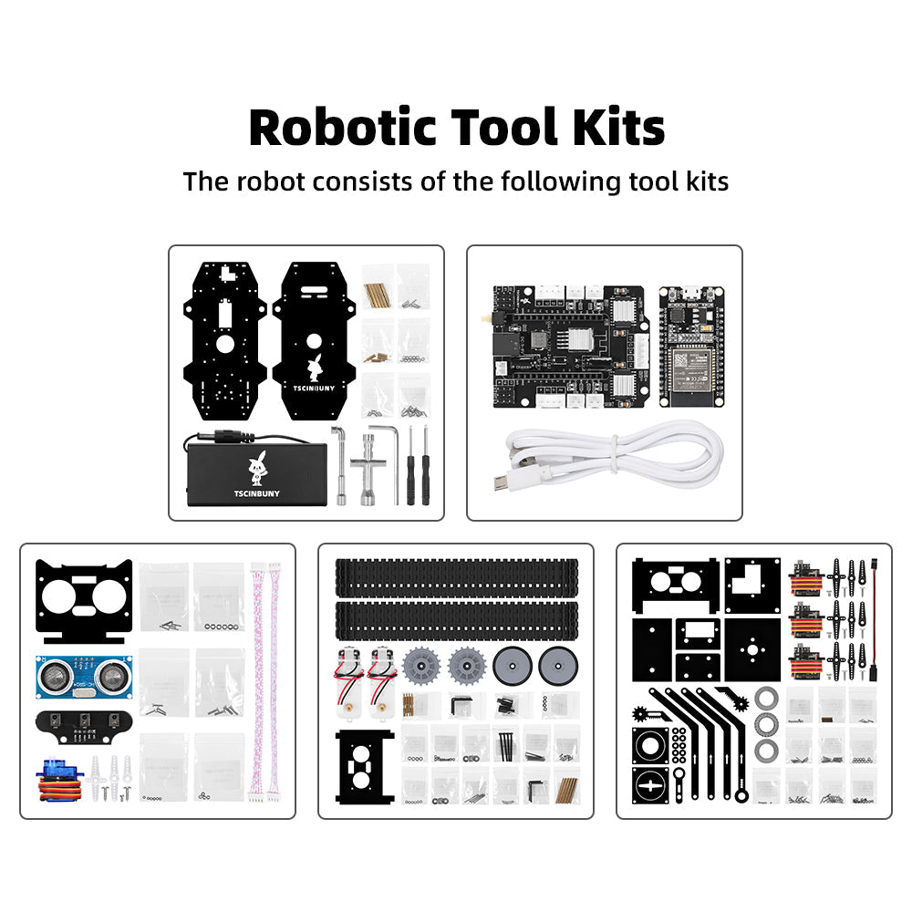 Tscinbuny ZYC0204 Smart Robot Car Kit with Track Wheels & Robotic Arm Function – ESP32-WROOM32 Development Board Robot for Arduino Learning Projects