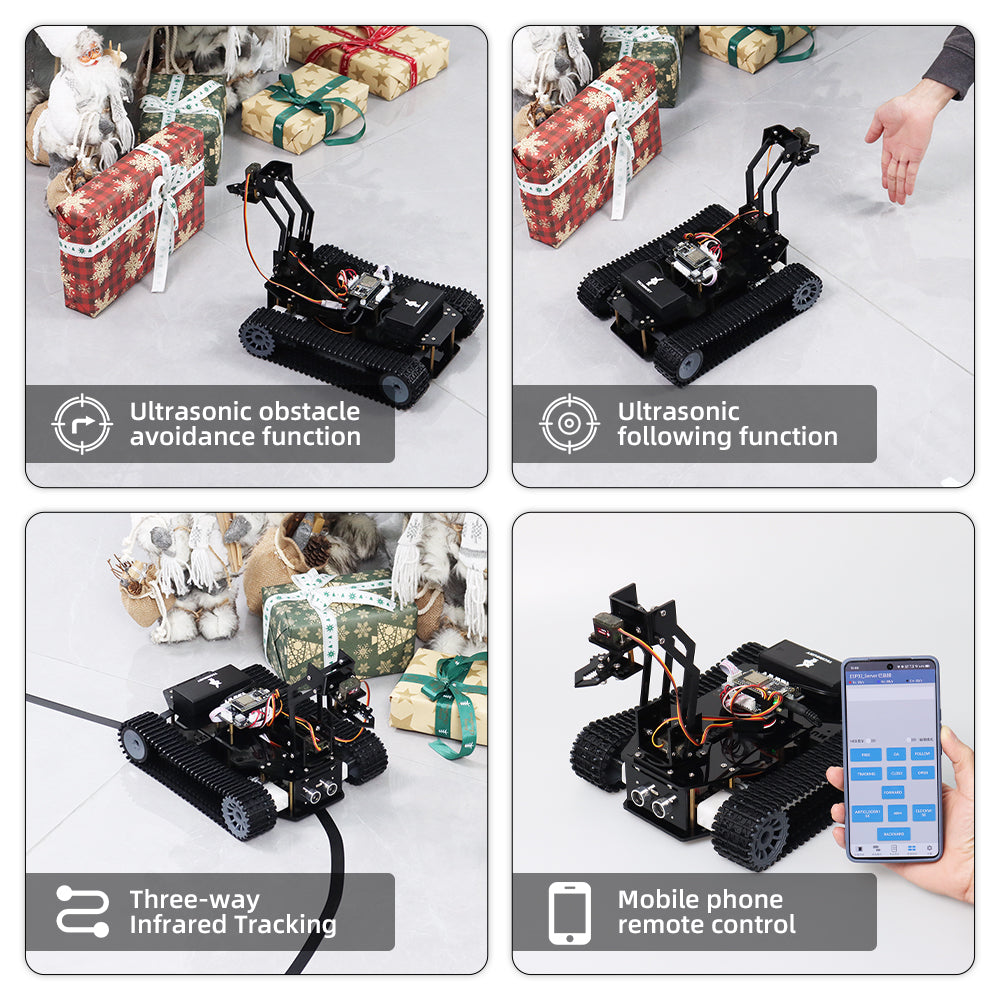Tscinbuny ZYC0204 Smart Robot Car Kit with Track Wheels & Robotic Arm Function – ESP32-WROOM32 Development Board Robot for Arduino Learning Projects