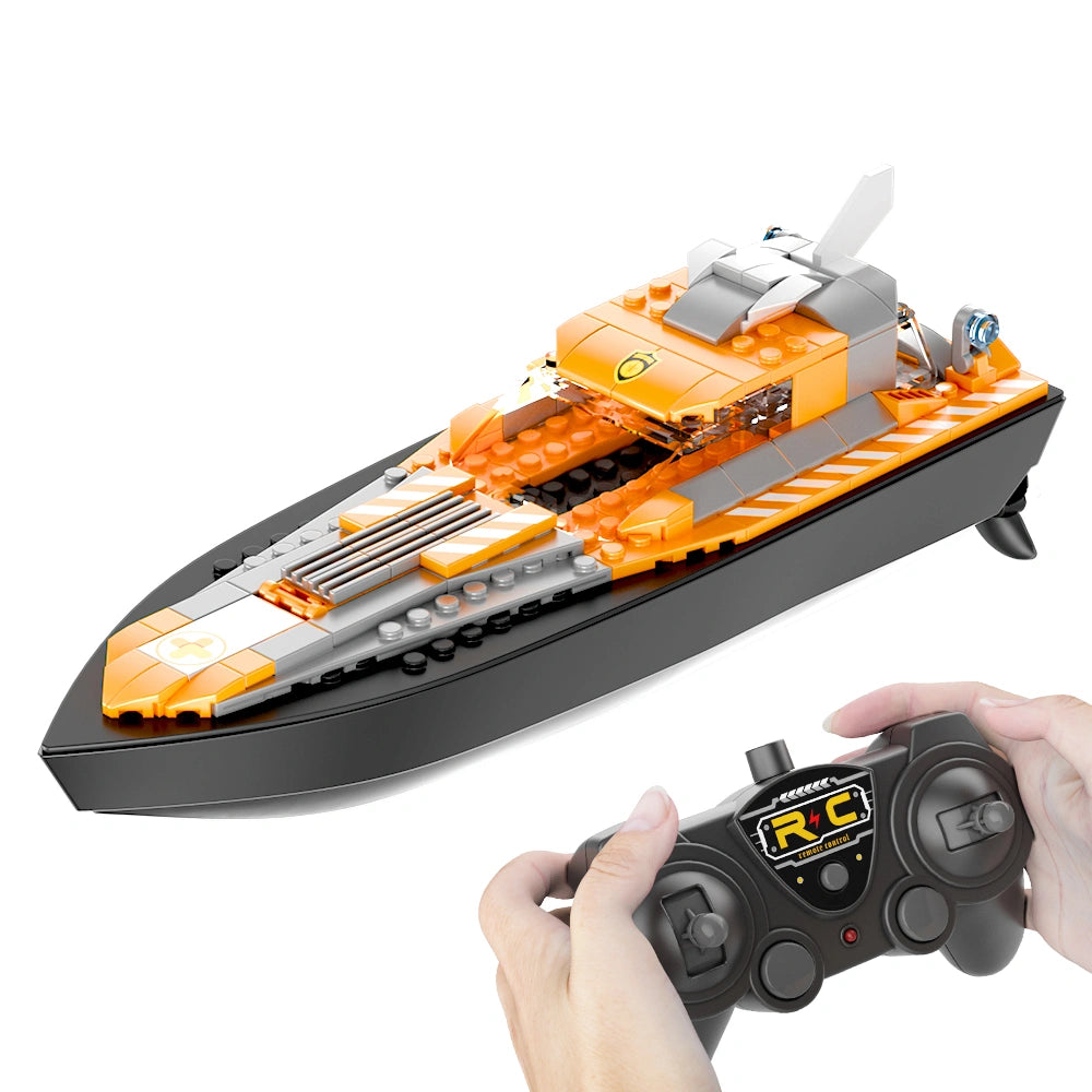 V101 2.4G Remote Control Boat, 4-in-1 DIY Rescue Ship with Small Particle Building Blocks, Kids' Educational Toy for Boys