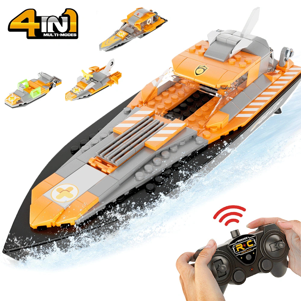 V101 2.4G Remote Control Boat, 4-in-1 DIY Rescue Ship with Small Particle Building Blocks, Kids' Educational Toy for Boys