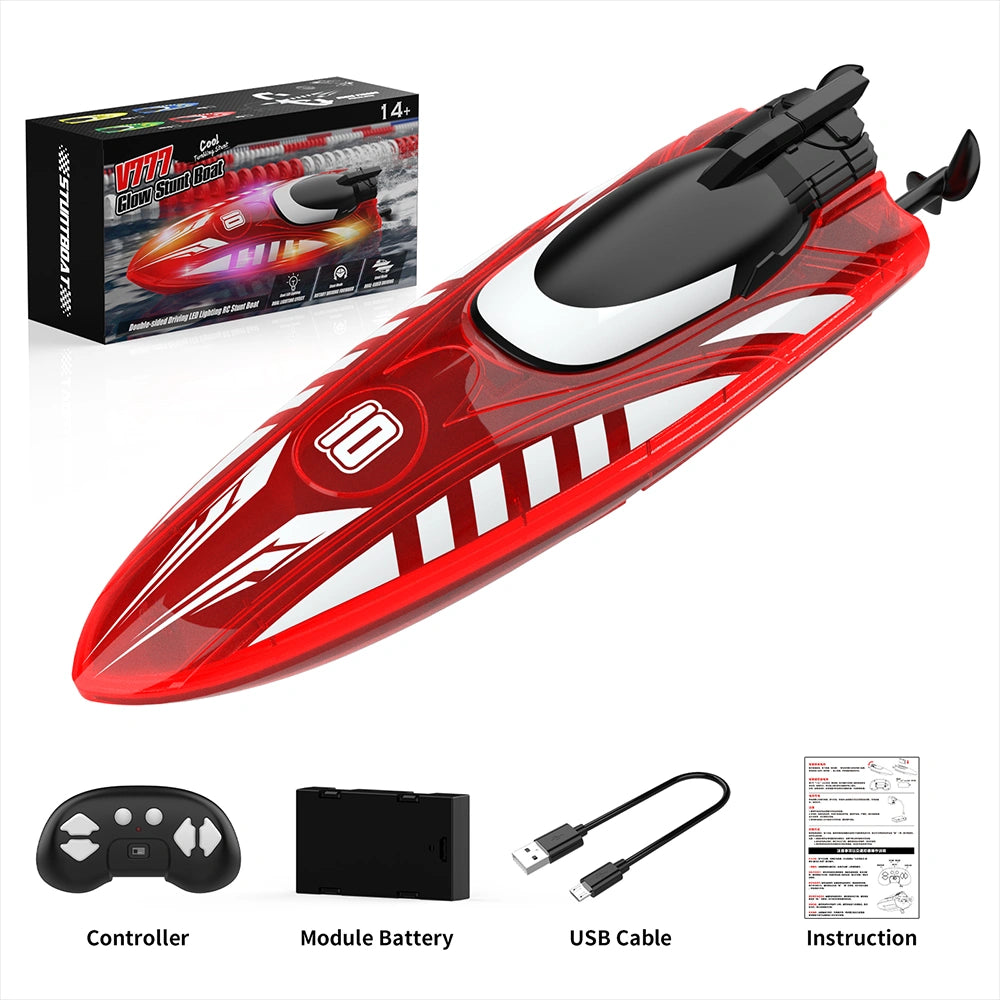 V777 Rechargeable RC Stunt Speedboat with Dual Propellers, 360° Flip & Double-Sided Driving, LED Lighted Remote Control Boat, Water Toy