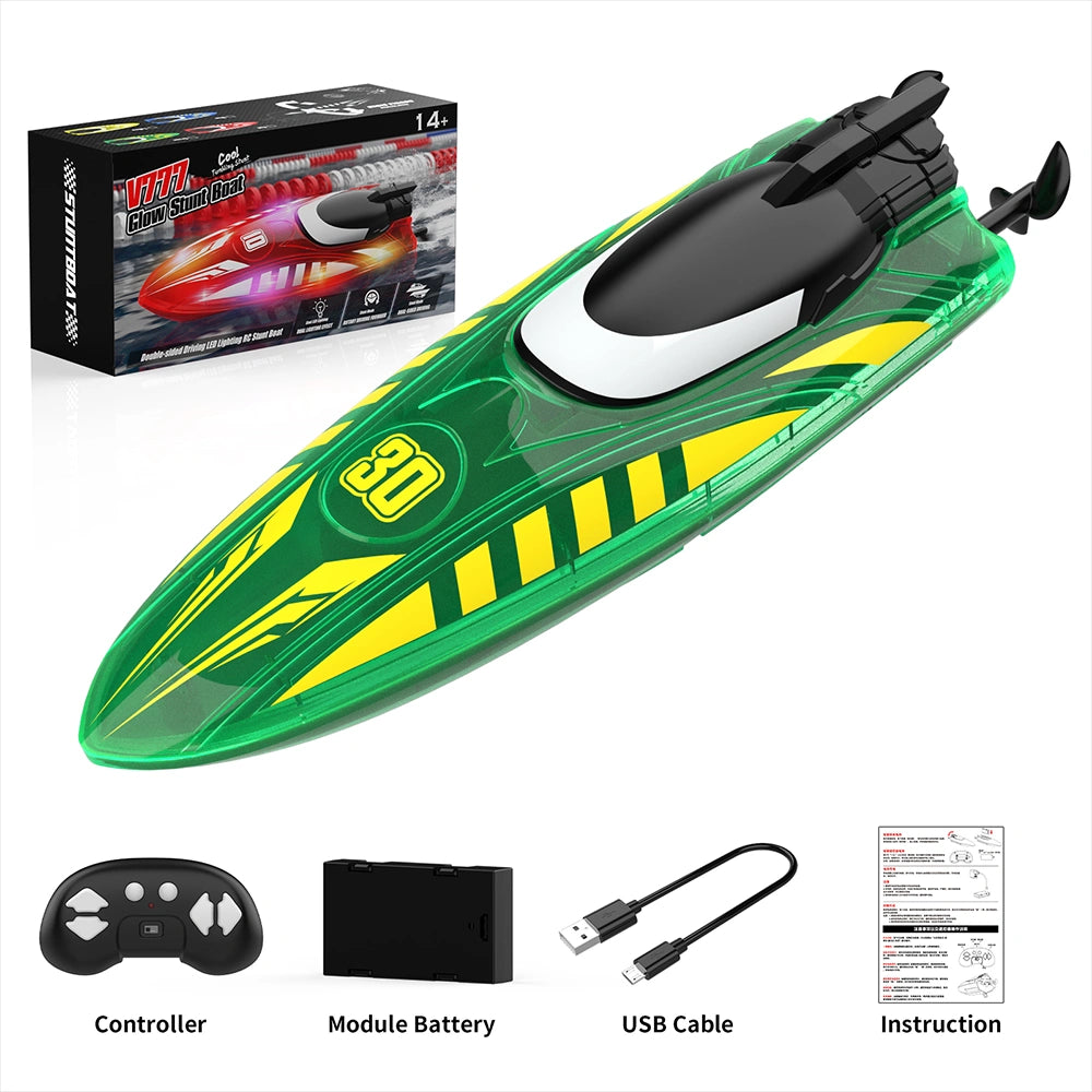 V777 Rechargeable RC Stunt Speedboat with Dual Propellers, 360° Flip & Double-Sided Driving, LED Lighted Remote Control Boat, Water Toy