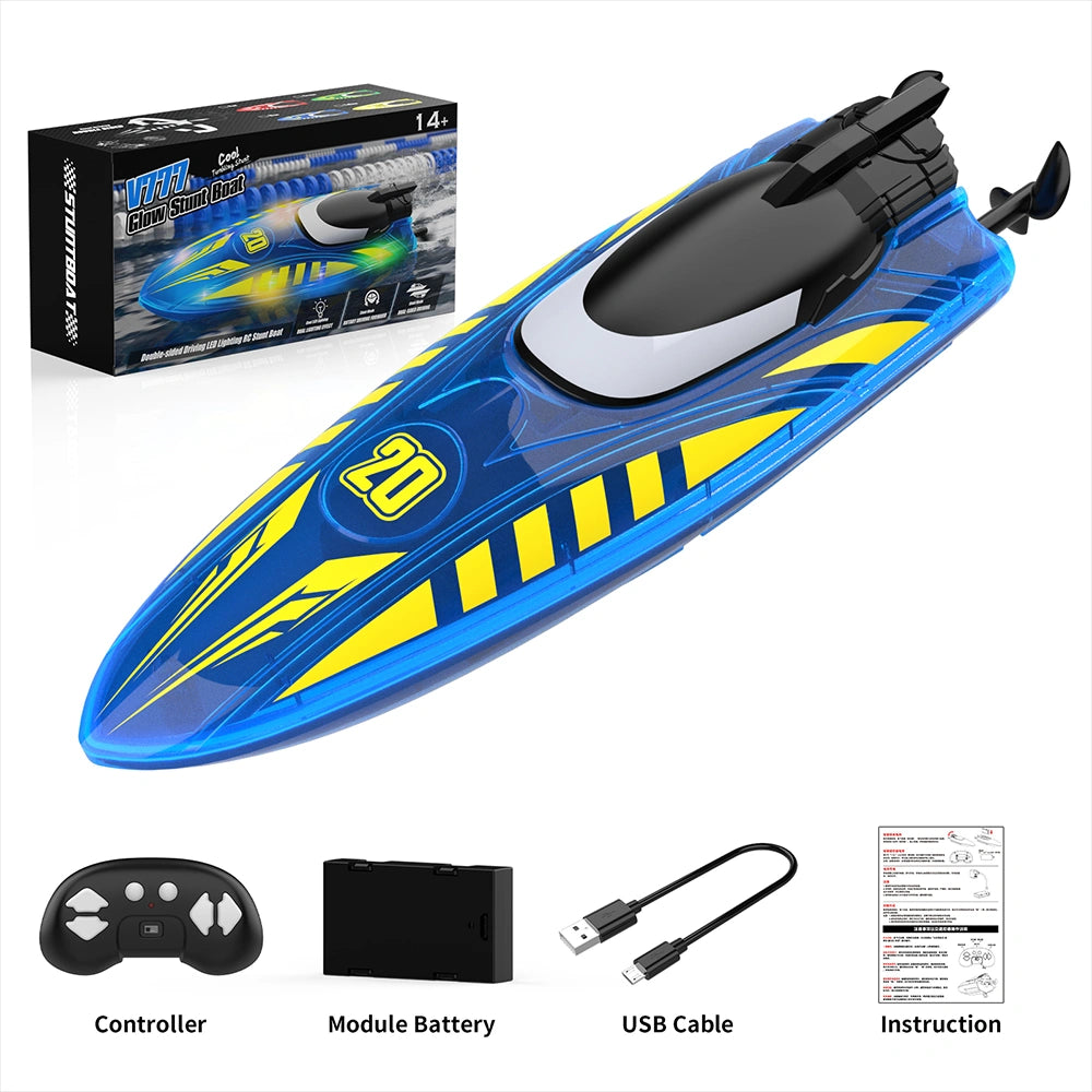 V777 Rechargeable RC Stunt Speedboat with Dual Propellers, 360° Flip & Double-Sided Driving, LED Lighted Remote Control Boat, Water Toy