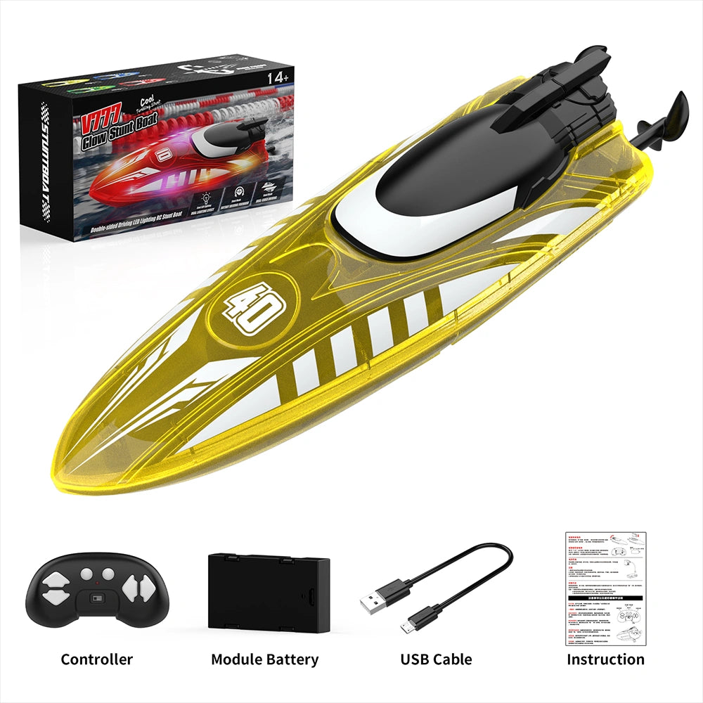 V777 Rechargeable RC Stunt Speedboat with Dual Propellers, 360° Flip & Double-Sided Driving, LED Lighted Remote Control Boat, Water Toy