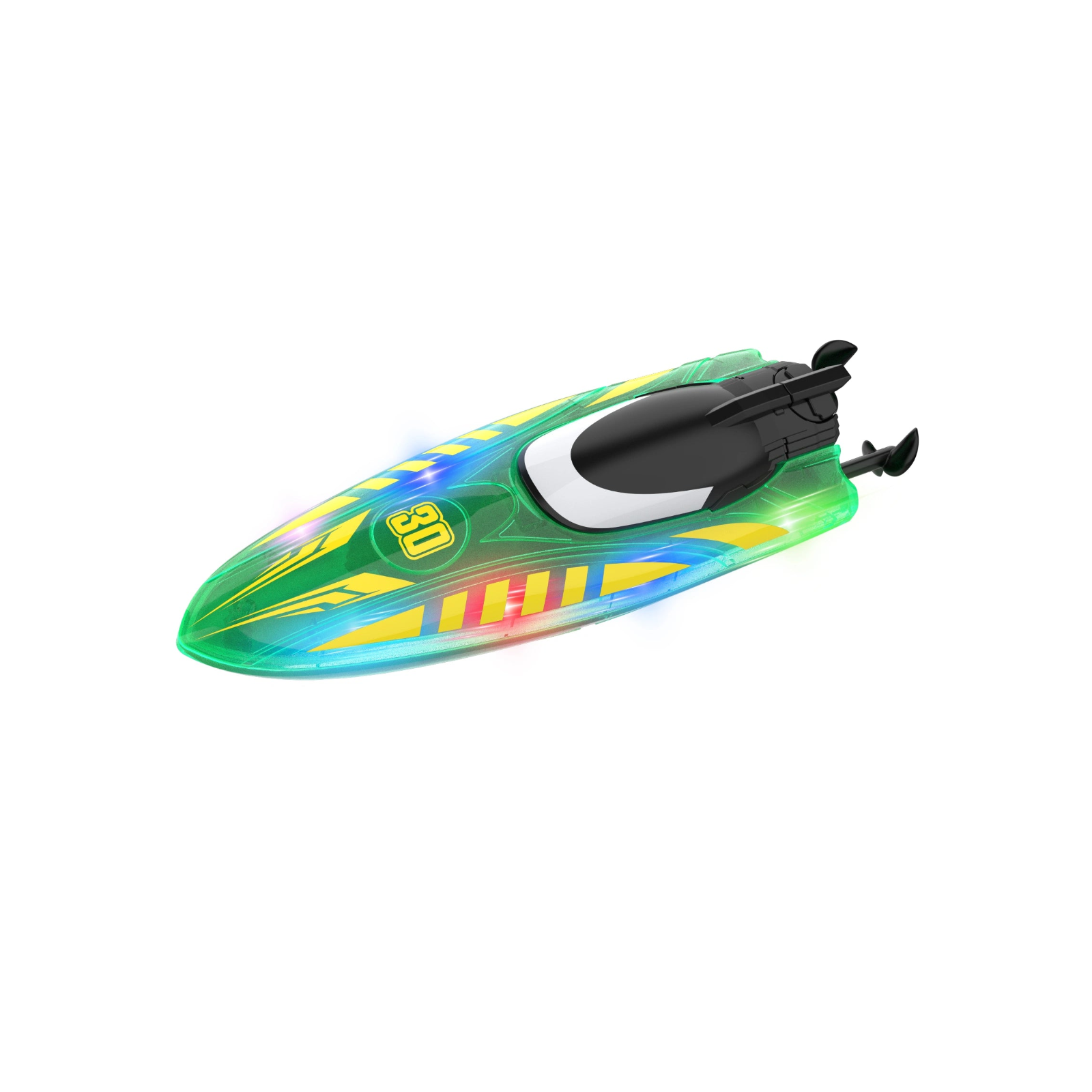 V777 Rechargeable RC Stunt Speedboat with Dual Propellers, 360° Flip & Double-Sided Driving, LED Lighted Remote Control Boat, Water Toy