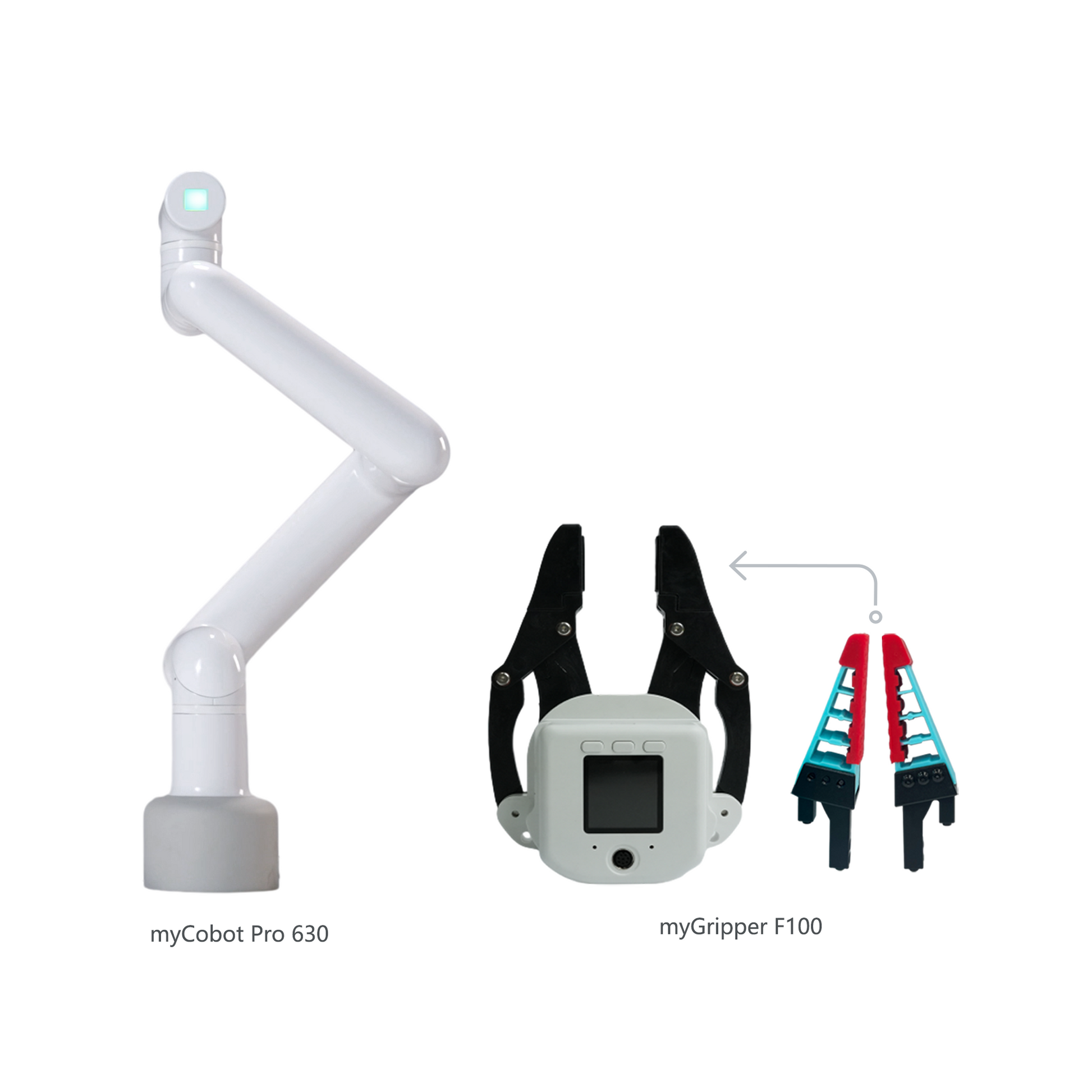 A white myCobot Pro 630 robotics arm with a flat base and a myGrip 100 robotic gripper. The arm is designed for commercial collaborative robotics with a 2kg payload capacity.