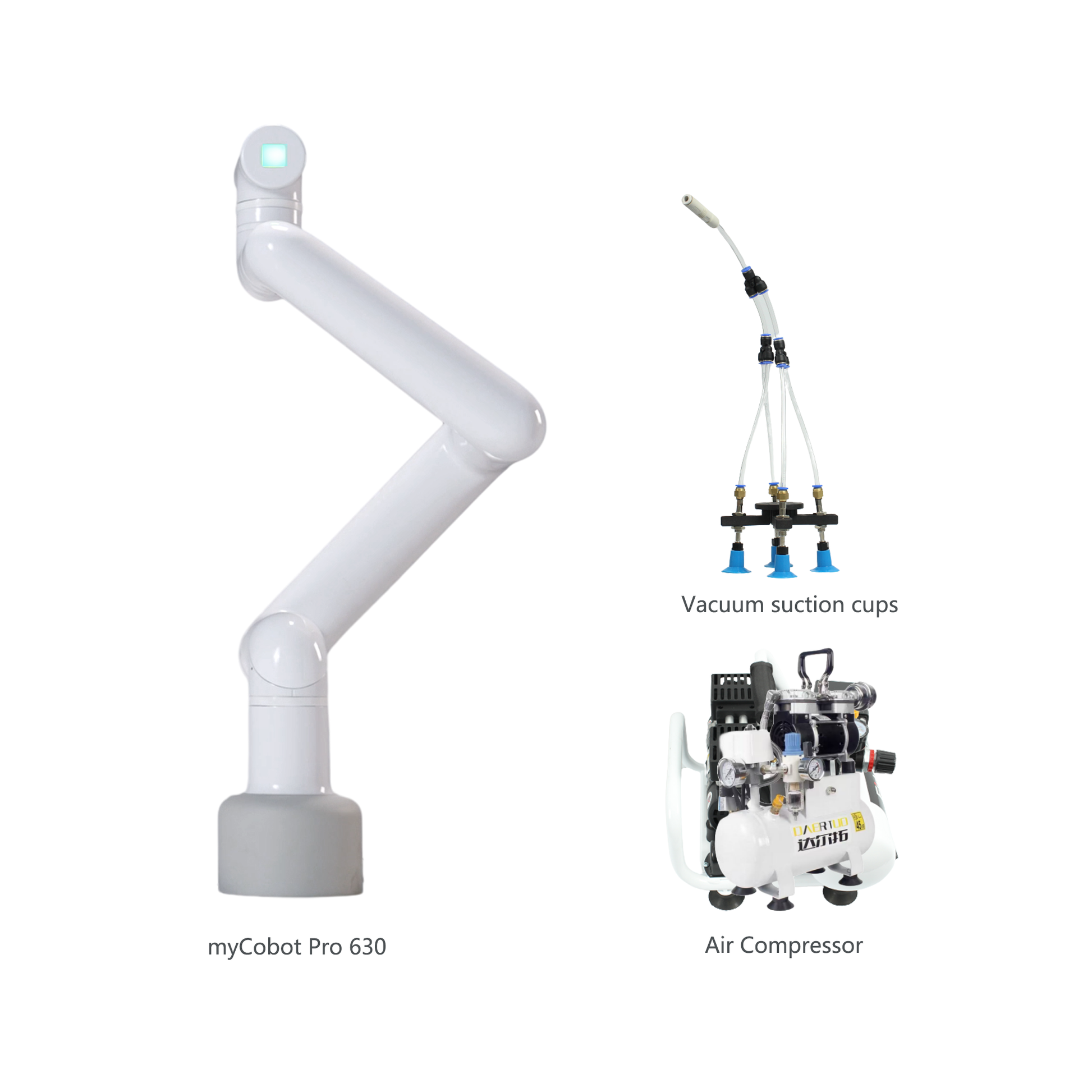Robotic arm with vacuum suction cups and air compressor on a white background