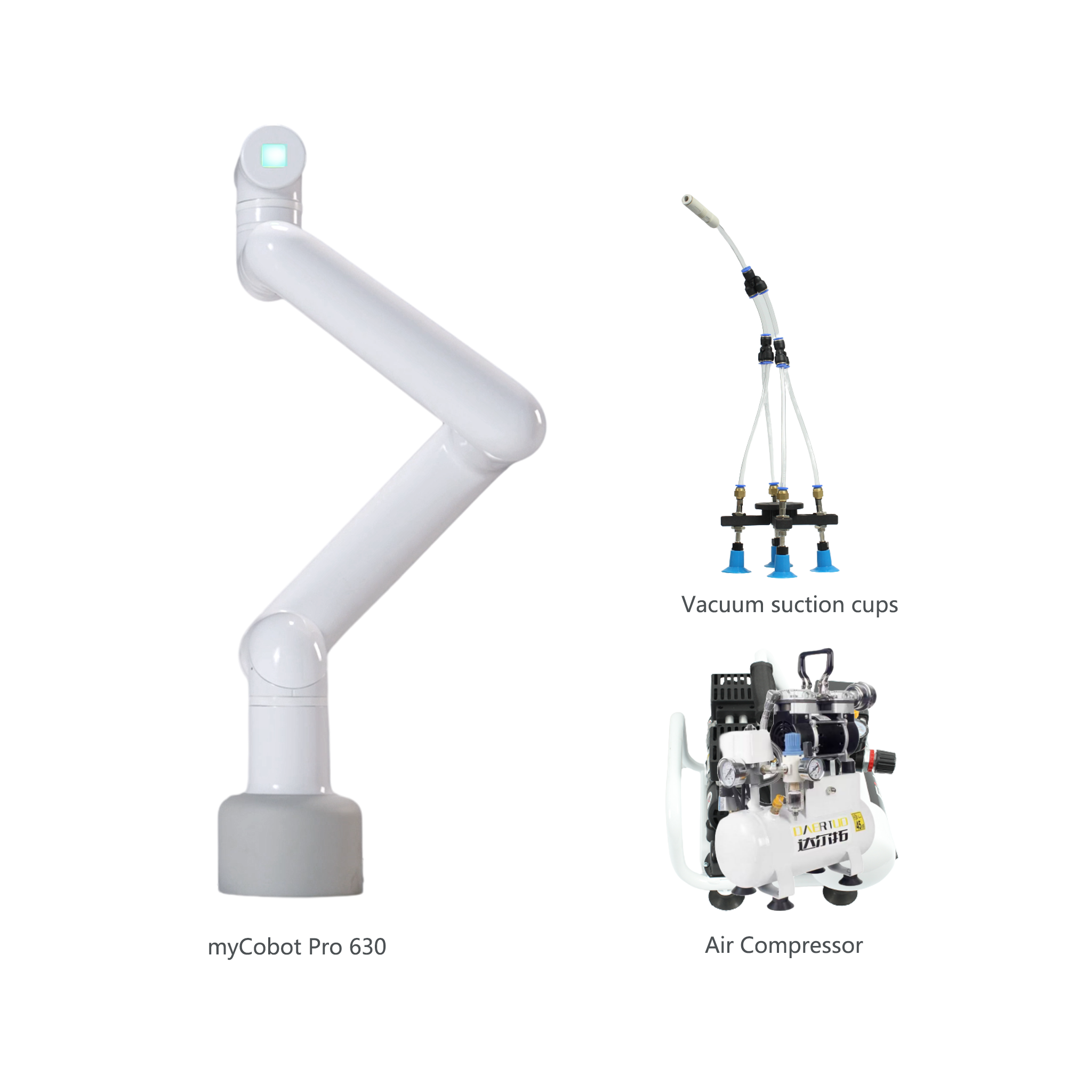 Robotic arm with vacuum suction cups and air compressor on a white background