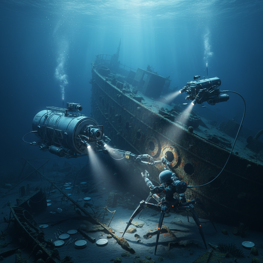 生成类似泰坦尼克的underwater robots 要正方形的照片